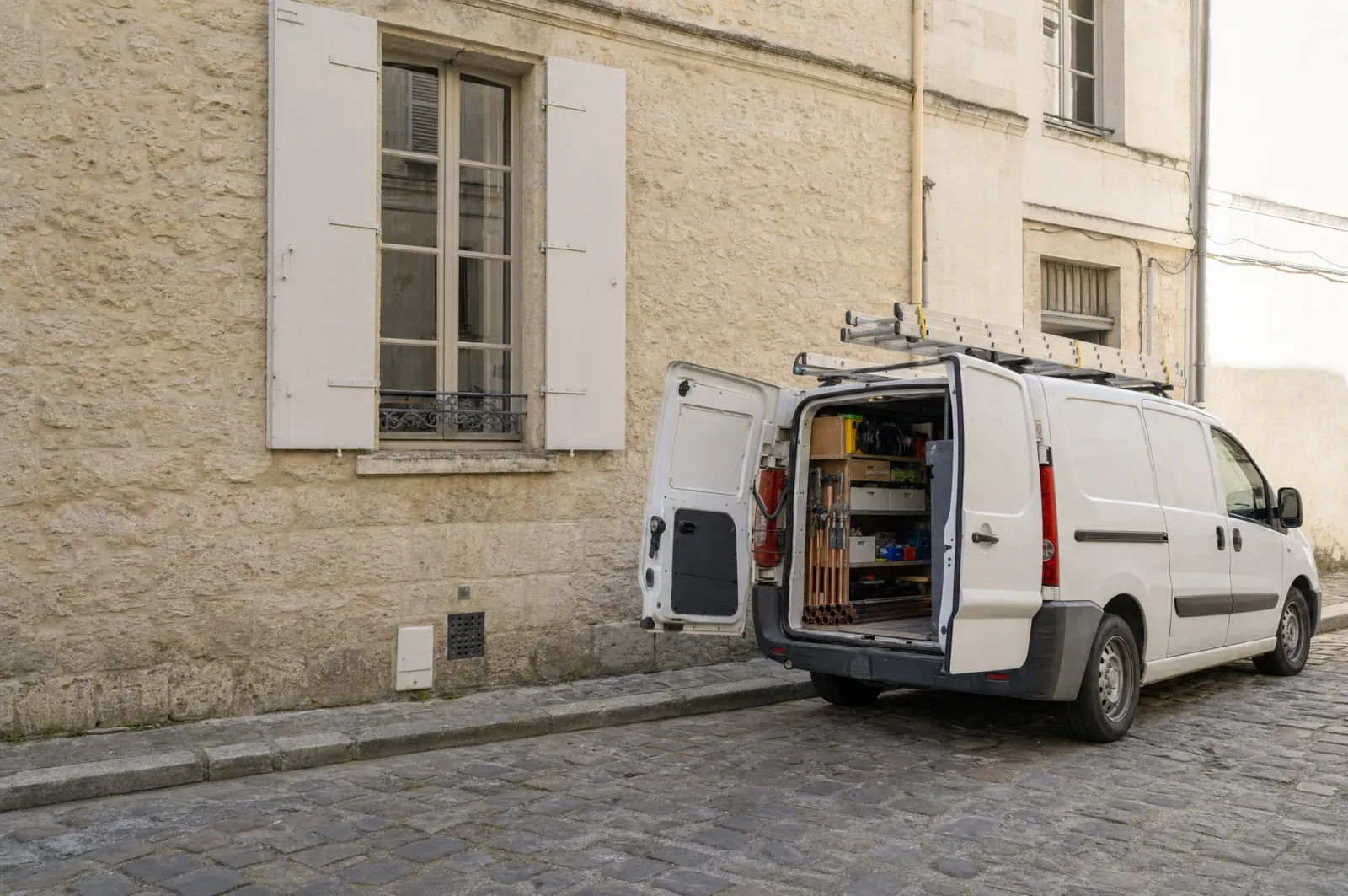 Le camion blanc devant la maison, les portes ouvertes sur les étagères d’outils