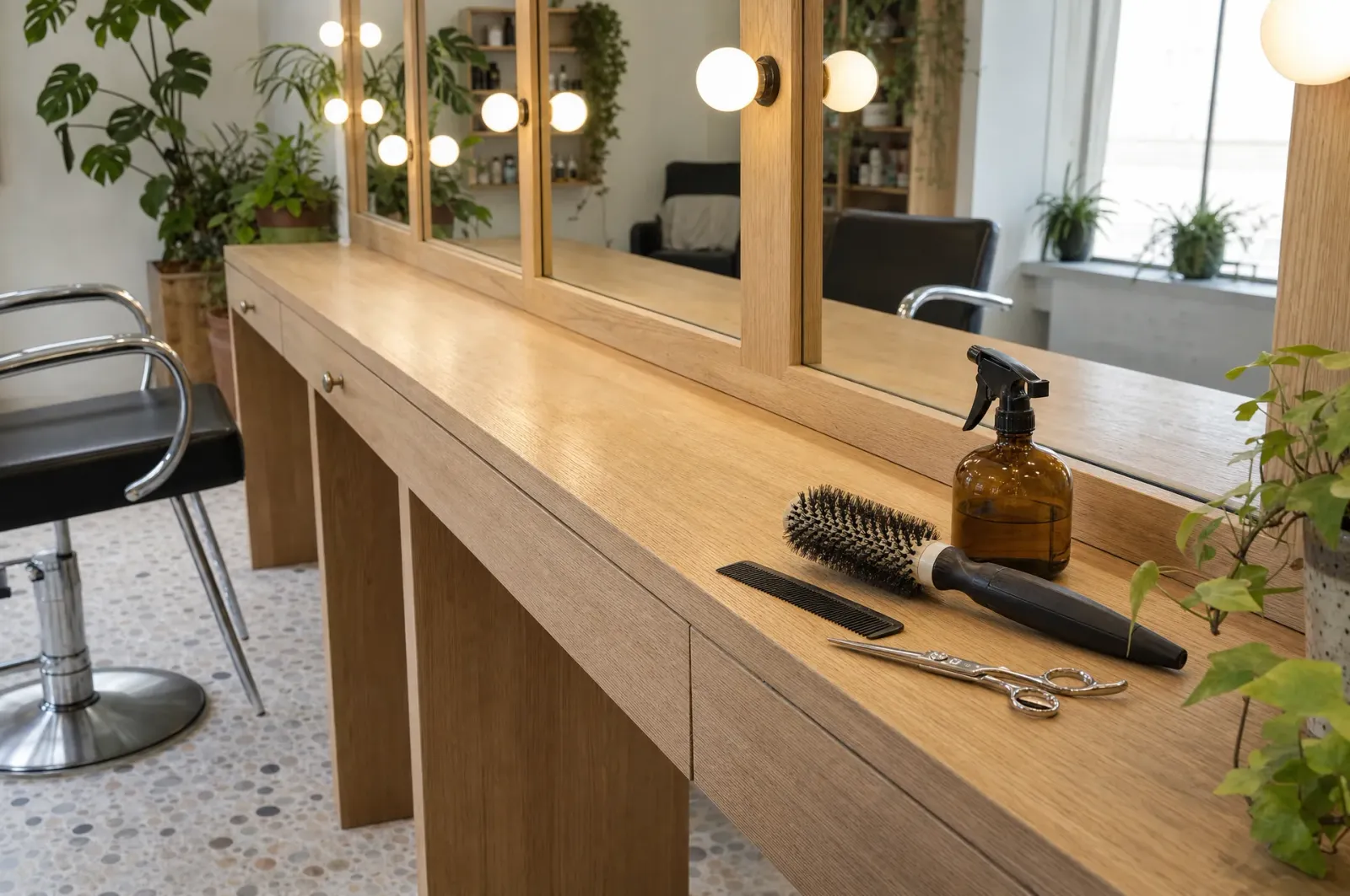 Le comptoir, les ciseaux et la brosse