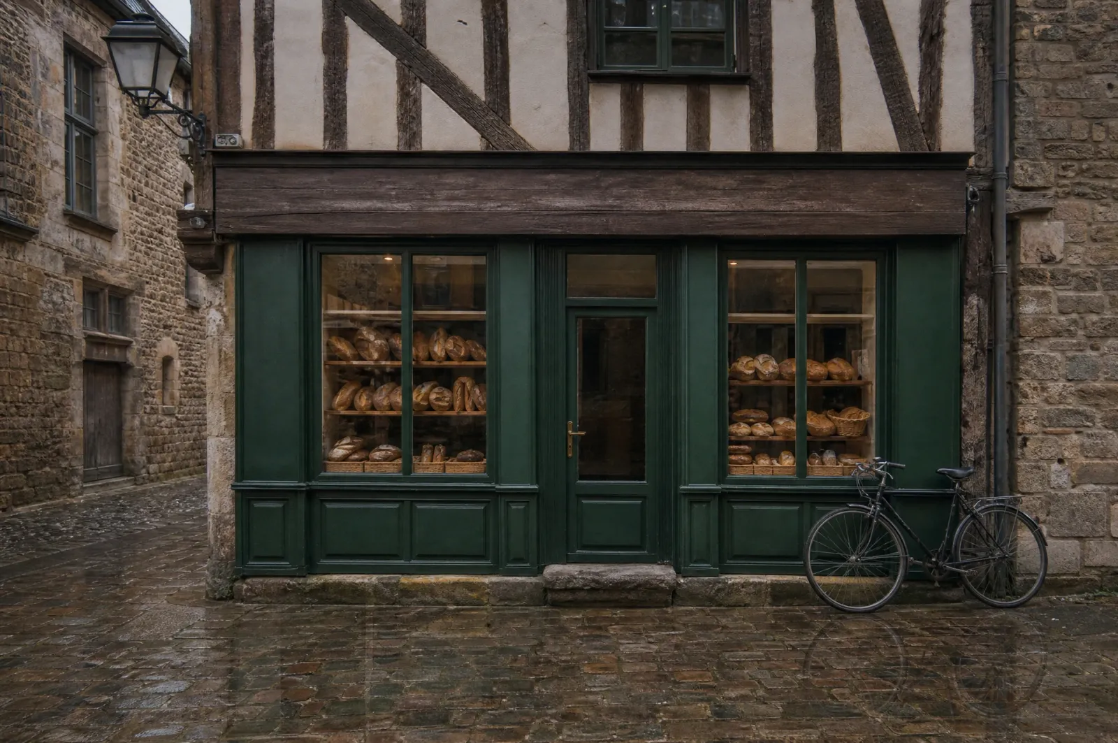 La devanture de la boulangerie, rue du Port, au petit matin