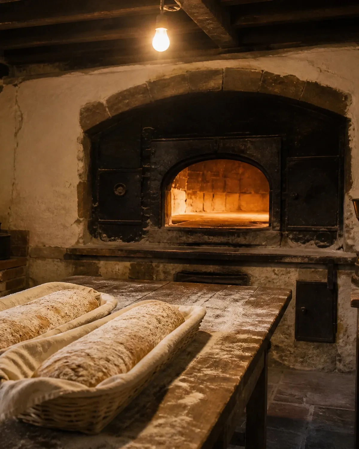 Le four à bois, sa porte ouverte sur les braises, deux pains en attente sur la table farinée