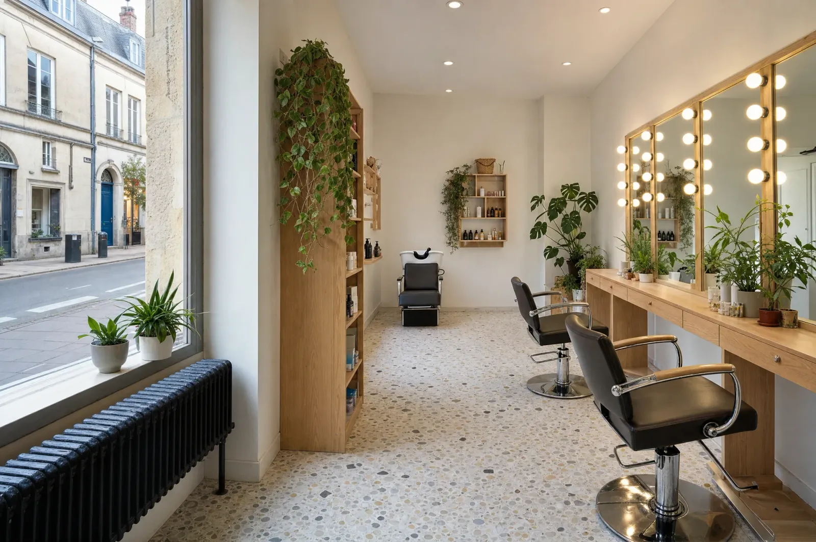 Le studio : deux fauteuils face au miroir, le terrazzo, la rue à gauche